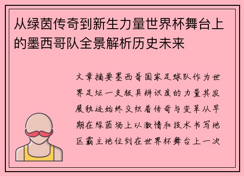 从绿茵传奇到新生力量世界杯舞台上的墨西哥队全景解析历史未来 从绿茵传奇到新生力量世界杯舞台上的墨西哥队全景解析历史未来